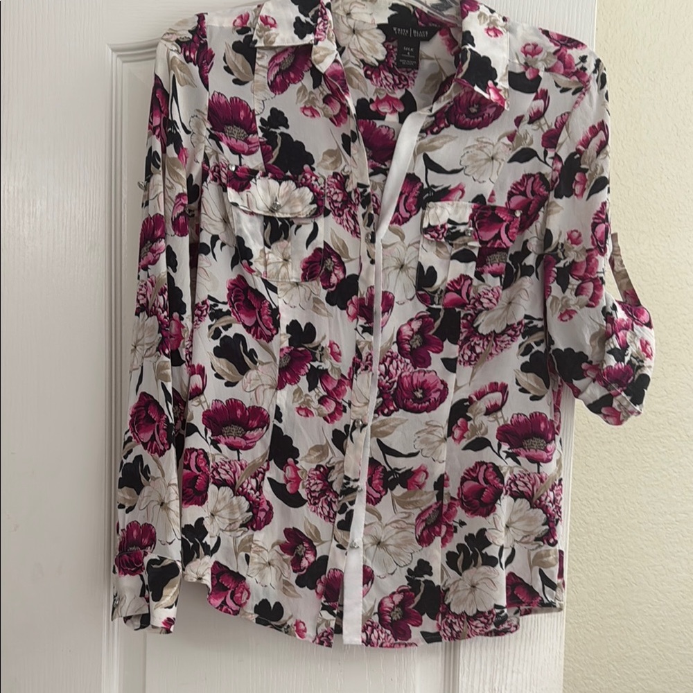 Black White and Purple 3/4 Sleeve Notched Collar Button Down Shirt
